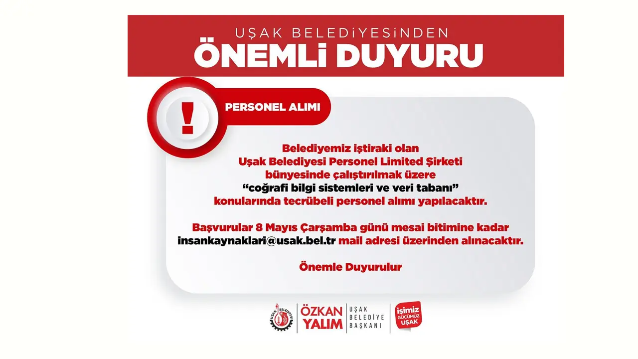 Uşak Belediyesi Personel Alım İlanı Yayınladı..
