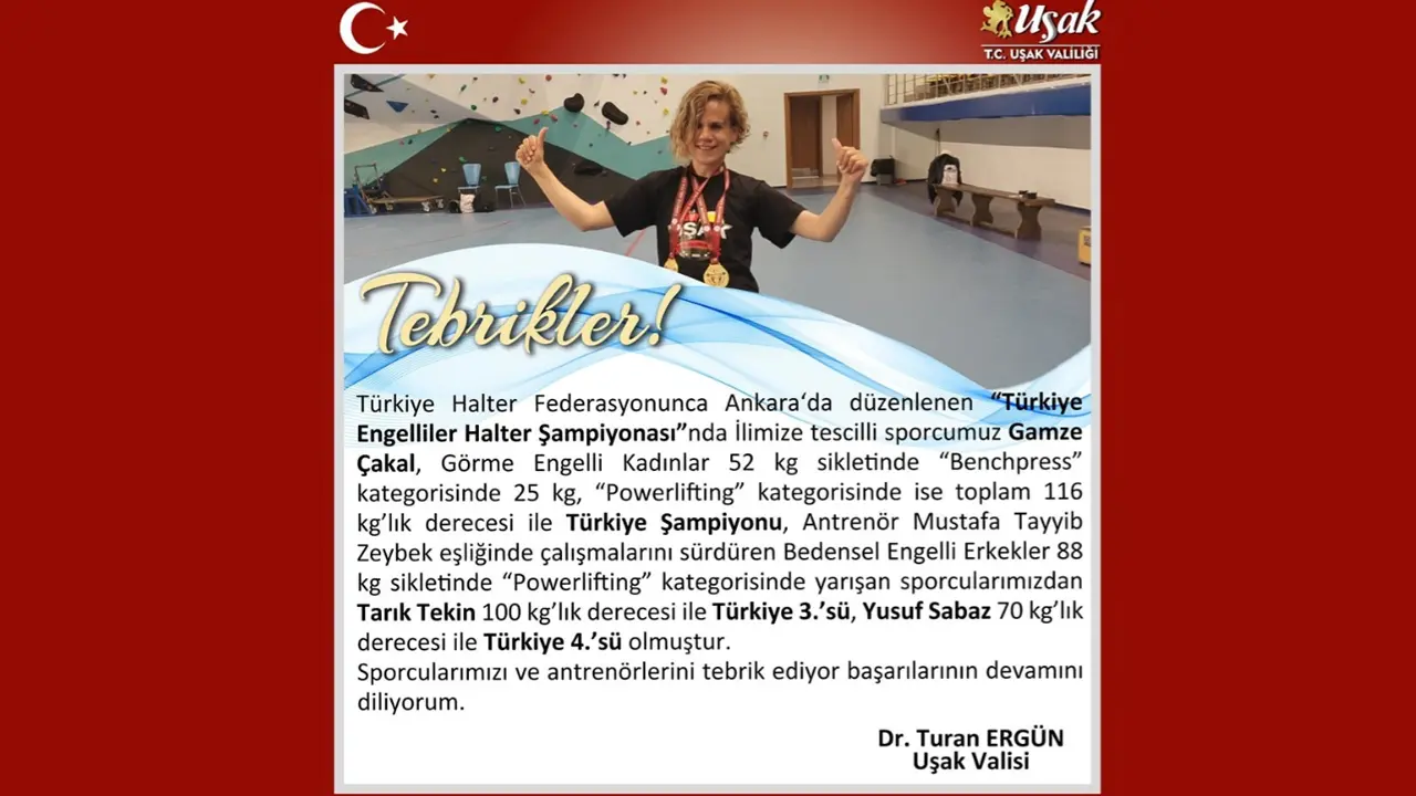 Uşaklı Görme Engelli Halterci Gamze Çakal’a Vali Tebriği