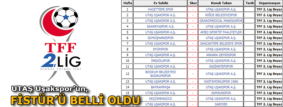 UTAŞ UŞAKSPOR’UN 2018 – 2019 SEZONUNDA YAPACAĞI MAÇ FİKSTÜR’Ü BELLİ OLDU