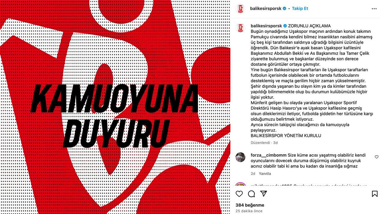 Balıkesirspor Kulübü, Uşakspor'a Yapılan Taşlı Saldırı Sonrası Açıklama Yayınladı