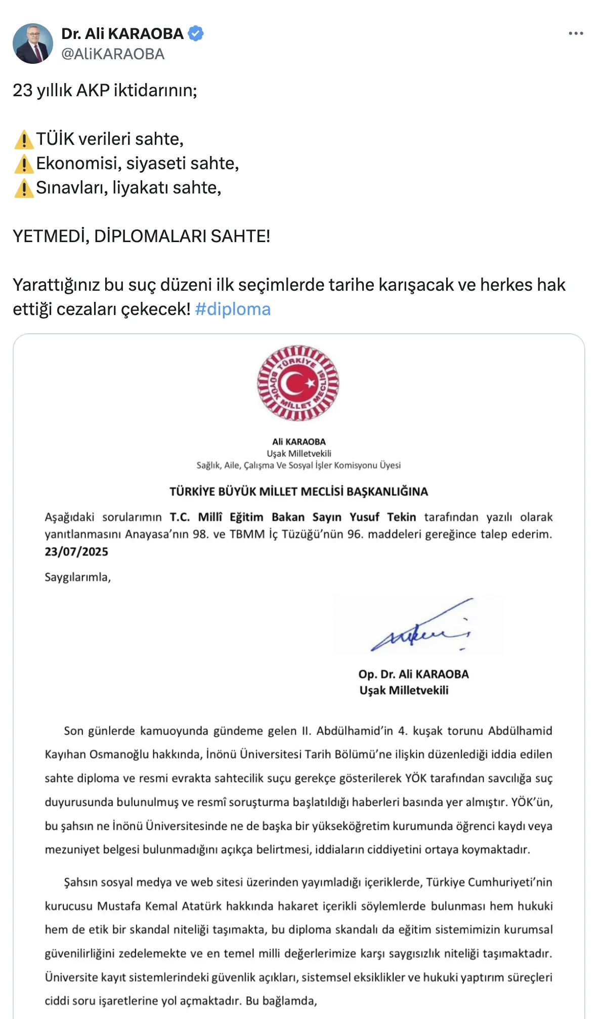Ali Karaoba Diploma Sahte